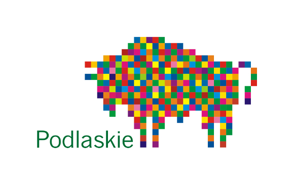 Logotyp Województwa Podlaskiego - na białym tle kolorowy żubr, obok napis podlaskie